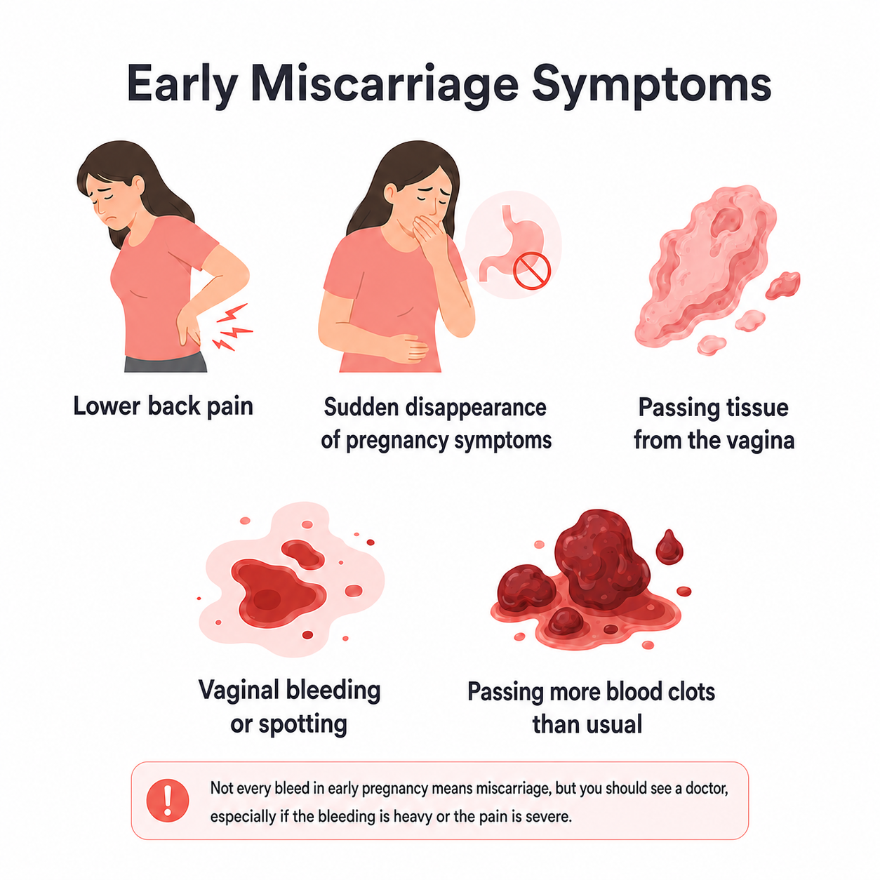 Infographic showing early miscarriage symptoms, including lower back pain, sudden loss of pregnancy symptoms, passing vaginal tissue, vaginal bleeding or spotting, and passing blood clots.